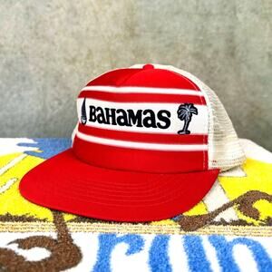 Vintage Bahamas Trucker Hat 80s Snapback Mesh Back Striped Souvenir Travel Cap